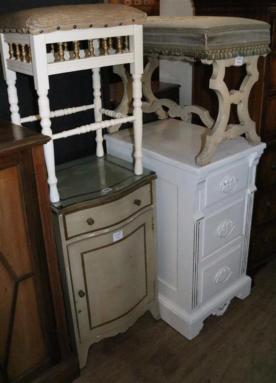 Two painted bedside cupboards and 2 upholstered stools (4)